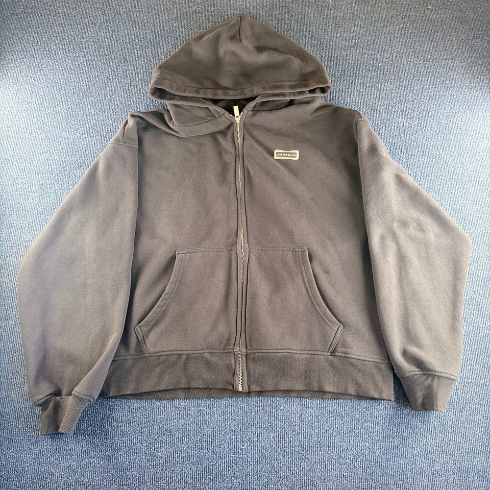 YoungLA Mens Full Zip Hoodie Black Athletic Gym Sweatshirt Medium Logo Patch